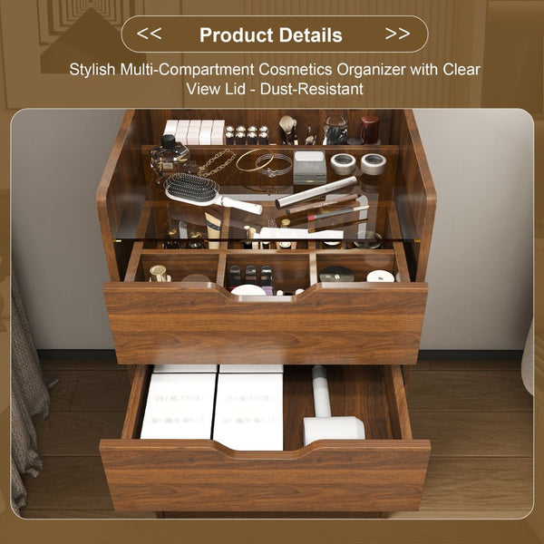 English Elm 3-in-1 Walnut Flip Top Vanity Desk with Led Mirror Stool Bedroom Dressing Table W2699P404631