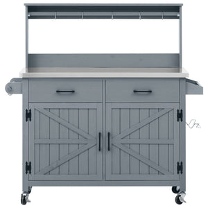 English Elm K&k Solid Fir Grill Cart Stainless Steel Top Outdoor Kitchen Station with Locking Wheels Grey+Blue N707P409087G