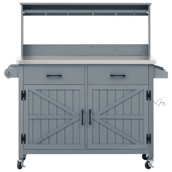English Elm K&k Solid Fir Grill Cart Stainless Steel Top Outdoor Kitchen Station with Locking Wheels Grey+Blue N707P409087G