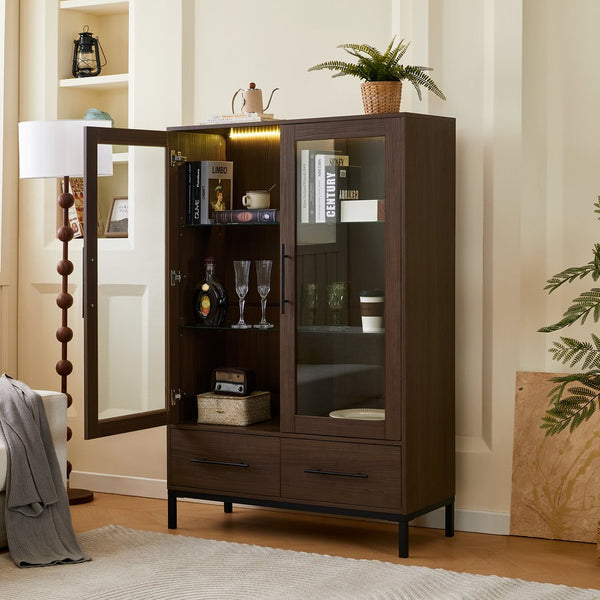 English Elm 60'' Tall Display Cabinet with LED Lighting, Tempered Glass Doors, 4 Adjustable Shelves & Drawers Black + Dark Walnut N845P261801D