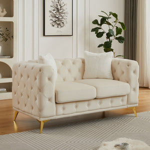 English Elm Fx Velvet Chesterfield Sofa Button Tufted Diamond Quilted Design with Accent Pillows Beige W1926S00077