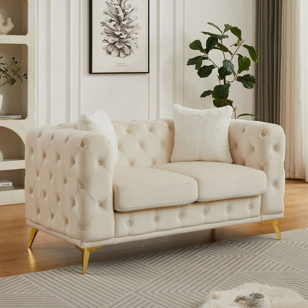 English Elm Fx Velvet Chesterfield Sofa Button Tufted Diamond Quilted Design with Accent Pillows Beige W1926S00077