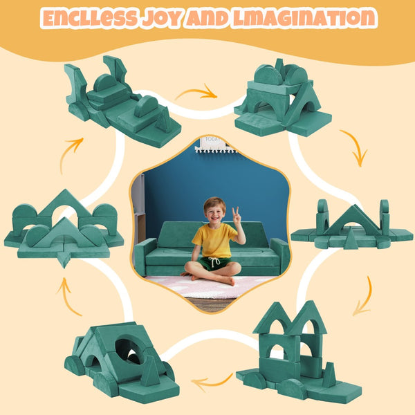 English Elm 15pcs Modular Toddler Play Couch Set Velvet Foam Fort Building Playroom Seating Green T5880P493417
