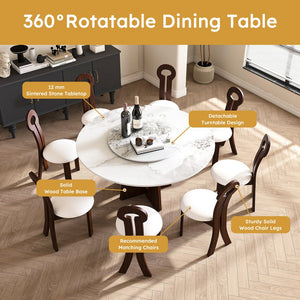 English Elm Modern Round Dining Table Set - 59" Sintered Stone Top With Walnut Base & 360° Lazy Susan For 8 People W2700S00014