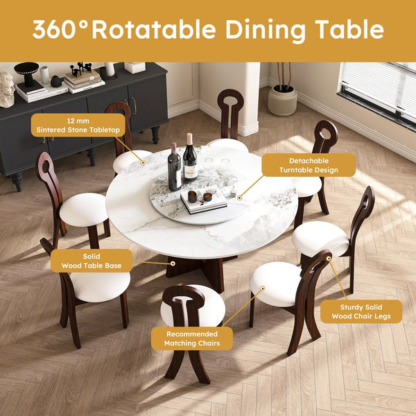 English Elm Modern Round Dining Table Set - 59" Sintered Stone Top With Walnut Base & 360° Lazy Susan For 8 People W2700S00014
