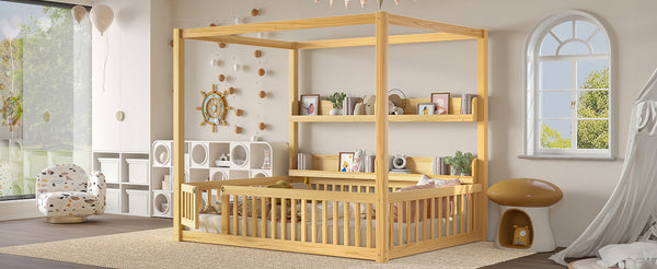 English Elm Full House Floor Bed with Door and Guardrails for Kids, Solid Wood Double Full, Safe Play Nook Natural W1580P359334