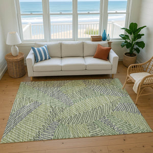HomeRoots 10' X 14' Washable Green and Gray Botanical Leaves Area Rug with UV Protection for Busy Homes 645000