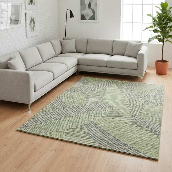 HomeRoots 10' X 14' Washable Green and Gray Botanical Leaves Area Rug with UV Protection for Busy Homes 645000