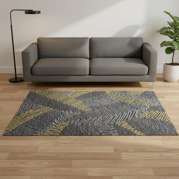 HomeRoots 5' X 8' Gray Gold and Black Botanical Leaves Rug - Washable, UV Protected, Stylish & Durable Decor 645008