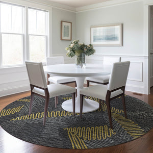 HomeRoots 8' Washable Round Rug in Gray, Gold & Black Botanical Design with UV Protection & Stain Resistance 645009