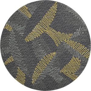 HomeRoots 8' Washable Round Rug in Gray, Gold & Black Botanical Design with UV Protection & Stain Resistance 645009