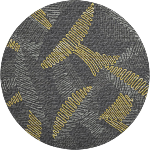 HomeRoots 8' Washable Round Rug in Gray, Gold & Black Botanical Design with UV Protection & Stain Resistance 645009