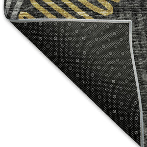 HomeRoots 8' Washable Round Rug in Gray, Gold & Black Botanical Design with UV Protection & Stain Resistance 645009