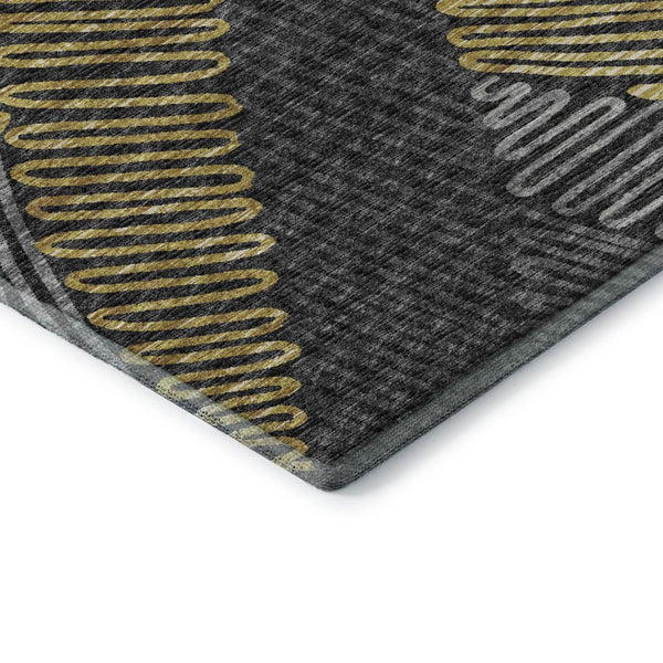 HomeRoots 8' Washable Round Rug in Gray, Gold & Black Botanical Design with UV Protection & Stain Resistance 645009