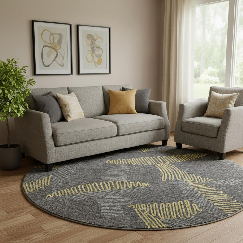 HomeRoots 8' Washable Round Rug in Gray, Gold & Black Botanical Design with UV Protection & Stain Resistance 645009
