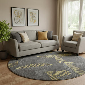 HomeRoots 8' Washable Round Rug in Gray, Gold & Black Botanical Design with UV Protection & Stain Resistance 645009