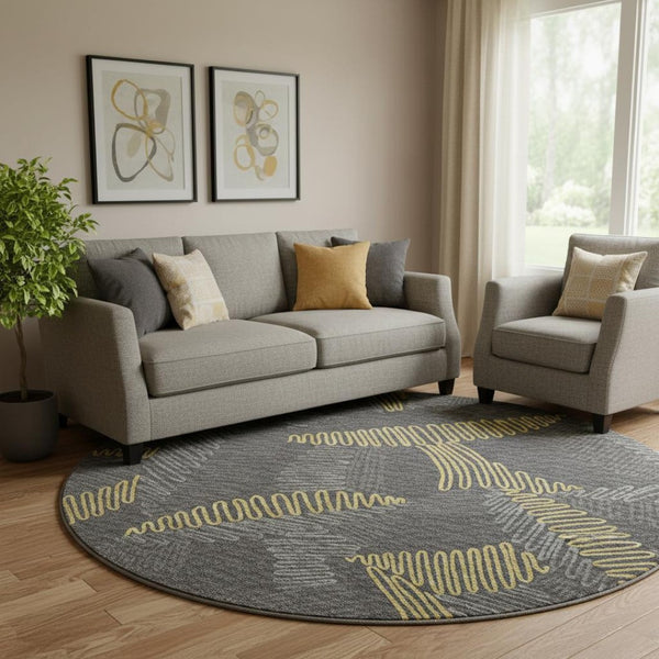 HomeRoots 8' Washable Round Rug in Gray, Gold & Black Botanical Design with UV Protection & Stain Resistance 645009