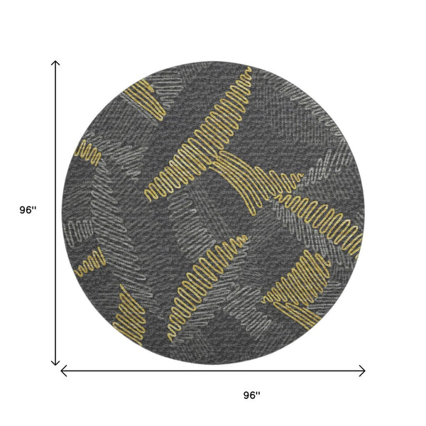 HomeRoots 8' Washable Round Rug in Gray, Gold & Black Botanical Design with UV Protection & Stain Resistance 645009