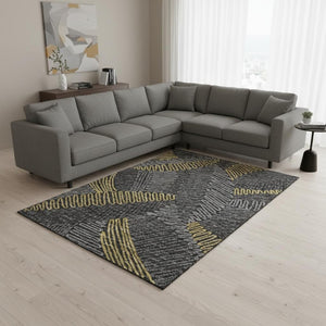 HomeRoots 8' X 10' Stylish Gray Gold Black Botanical Leaves Area Rug - Washable, UV Protected & Durable Design 645010