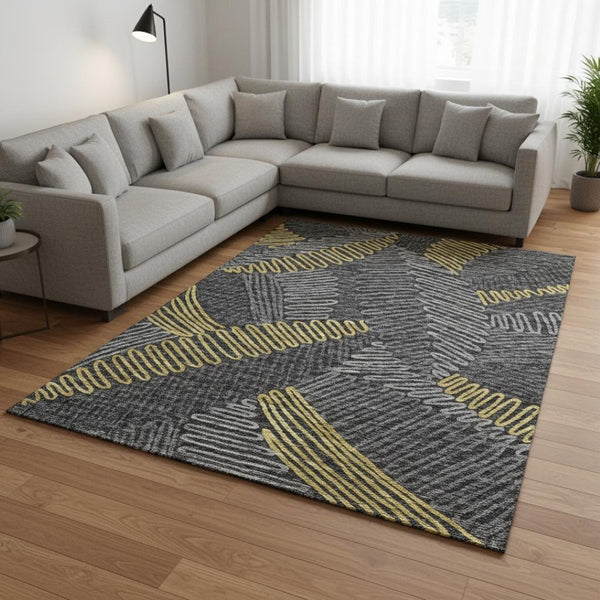 HomeRoots 9' X 12' Botanical Leaves Washable Area Rug - Gray, Gold & Black with UV Protection for High Traffic Spaces 645011