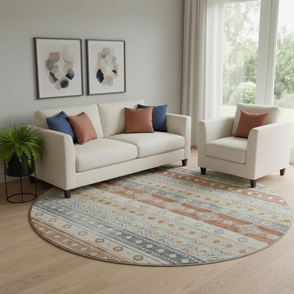 HomeRoots 8' Desert Sand Tribal Round Rug – Durable, Washable, UV Protected, Cozy for Homes with Kids & Pets 645016