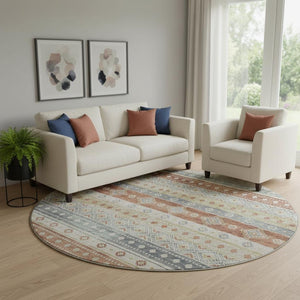 HomeRoots 8' Desert Sand Tribal Round Rug – Durable, Washable, UV Protected, Cozy for Homes with Kids & Pets 645016