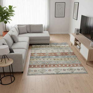 HomeRoots 8' X 10' Tribal Area Rug in Desert Sand, Rust & Ivory - Washable, UV-Protected & Stain-Resistant! 645017