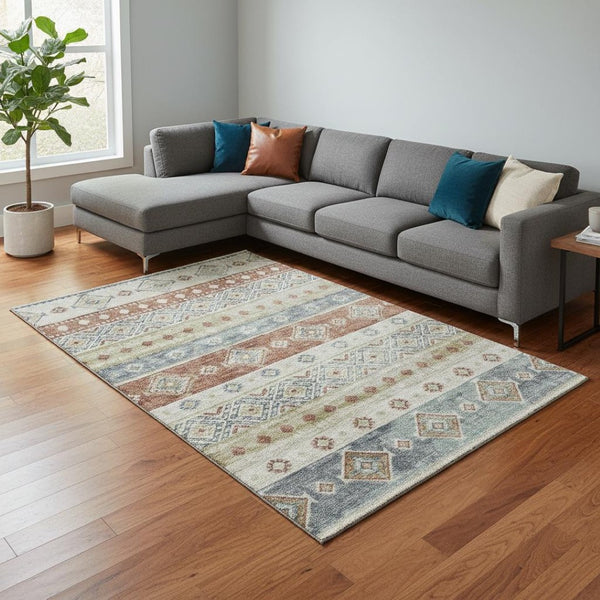 HomeRoots 10' X 14' Tribal Washable Area Rug in Desert Sand, Rust & Ivory – Durable, UV Protected, Easy Care 645019