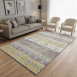 HomeRoots 5' X 8' Tribal Area Rug in Purple, Ivory & Gold - Washable, Stain-Resistant, UV Protected Design 645021