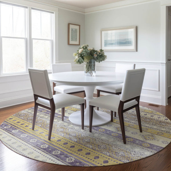 HomeRoots 8' Vibrant Purple Ivory Gold Tribal Round Rug - Washable, UV Protected, Stain Resistant Comfort 645022