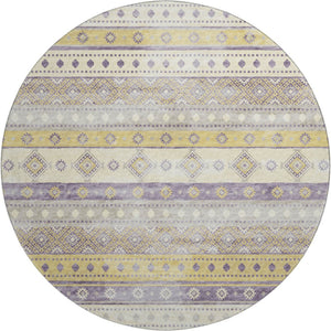 HomeRoots 8' Vibrant Purple Ivory Gold Tribal Round Rug - Washable, UV Protected, Stain Resistant Comfort 645022