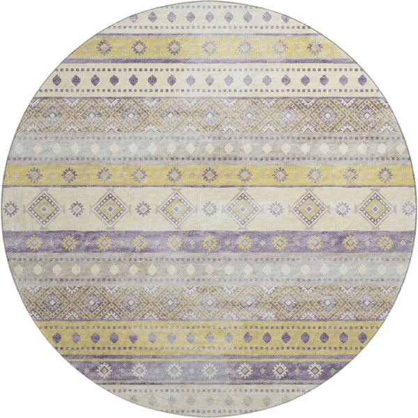 HomeRoots 8' Vibrant Purple Ivory Gold Tribal Round Rug - Washable, UV Protected, Stain Resistant Comfort 645022