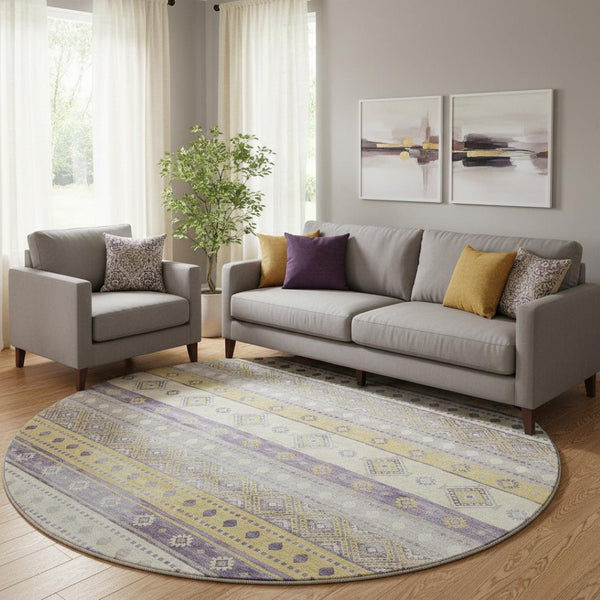 HomeRoots 8' Vibrant Purple Ivory Gold Tribal Round Rug - Washable, UV Protected, Stain Resistant Comfort 645022