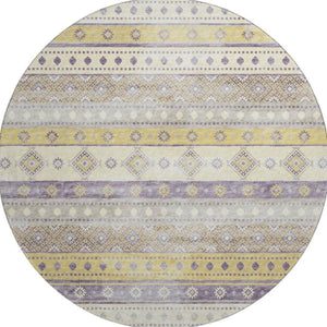HomeRoots 8' Vibrant Purple Ivory Gold Tribal Round Rug - Washable, UV Protected, Stain Resistant Comfort 645022