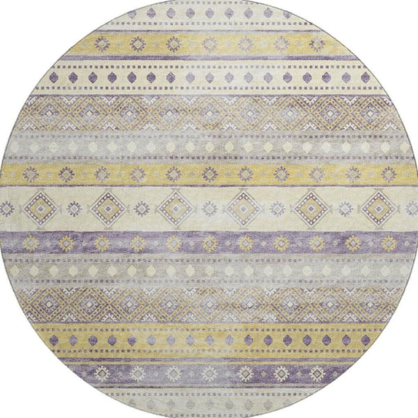 HomeRoots 8' Vibrant Purple Ivory Gold Tribal Round Rug - Washable, UV Protected, Stain Resistant Comfort 645022