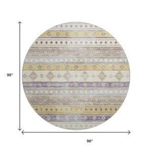 HomeRoots 8' Vibrant Purple Ivory Gold Tribal Round Rug - Washable, UV Protected, Stain Resistant Comfort 645022