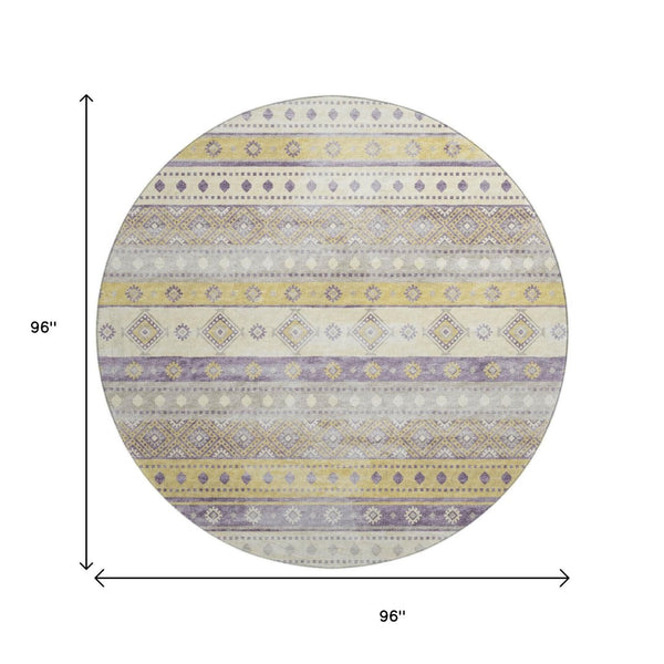 HomeRoots 8' Vibrant Purple Ivory Gold Tribal Round Rug - Washable, UV Protected, Stain Resistant Comfort 645022