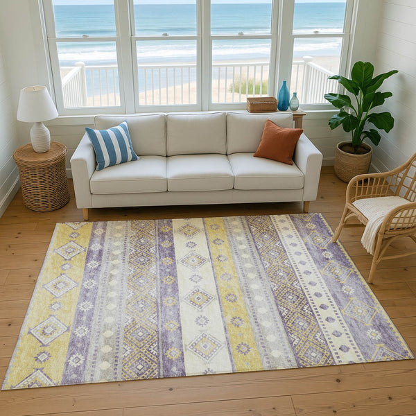 HomeRoots 9' X 12' Tribal Area Rug in Purple, Ivory & Gold – Washable, UV-Protected & Perfect for Busy Homes! 645024