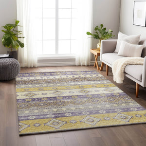 HomeRoots 9' X 12' Tribal Area Rug in Purple, Ivory & Gold – Washable, UV-Protected & Perfect for Busy Homes! 645024