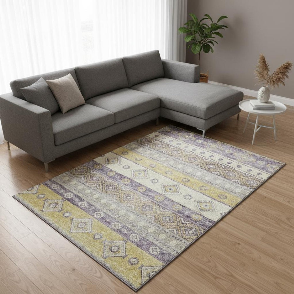 HomeRoots 9' X 12' Tribal Area Rug in Purple, Ivory & Gold – Washable, UV-Protected & Perfect for Busy Homes! 645024