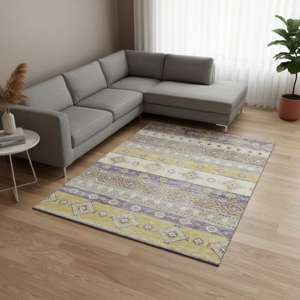 HomeRoots 10' X 14' Purple Ivory Gold Tribal Area Rug - Stain Resistant, Machine Washable & UV Protected Design! 645025