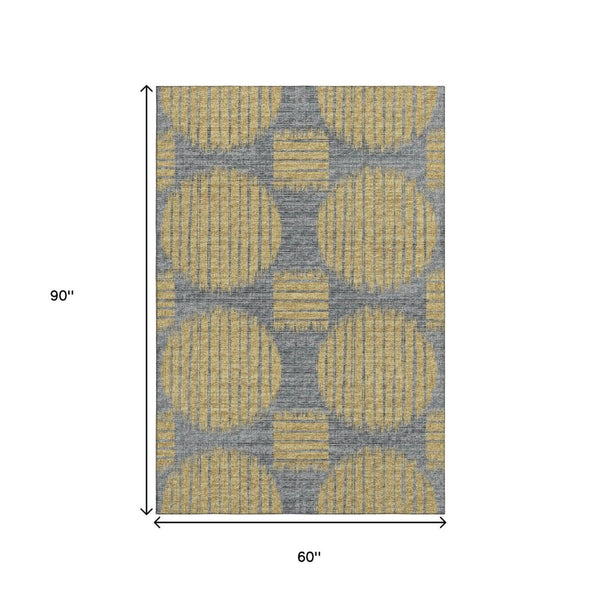 HomeRoots 5' Gold and Gray Geometric Washable Area Rug - Stylish, Durable, UV-Protected for Modern Spaces 645045