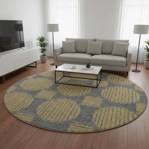 HomeRoots 8' Gold and Gray Geometric Round Rug - Washable, Stain-Resistant, UV Protected for Stylish Spaces 645046
