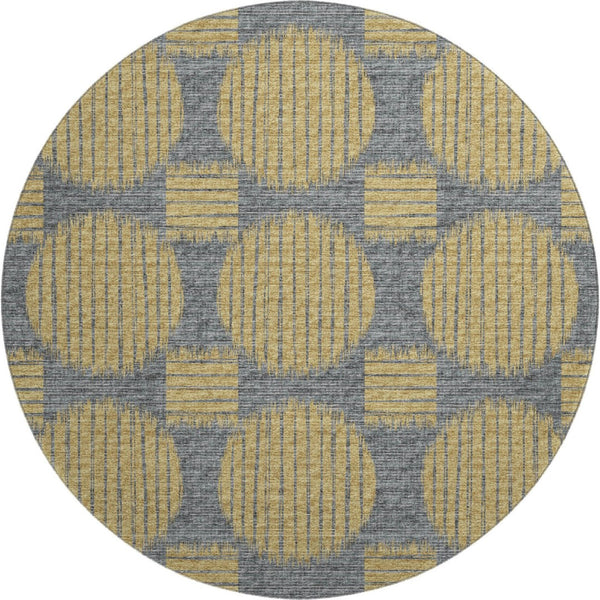 HomeRoots 8' Gold and Gray Geometric Round Rug - Washable, Stain-Resistant, UV Protected for Stylish Spaces 645046