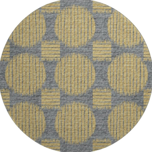 HomeRoots 8' Gold and Gray Geometric Round Rug - Washable, Stain-Resistant, UV Protected for Stylish Spaces 645046