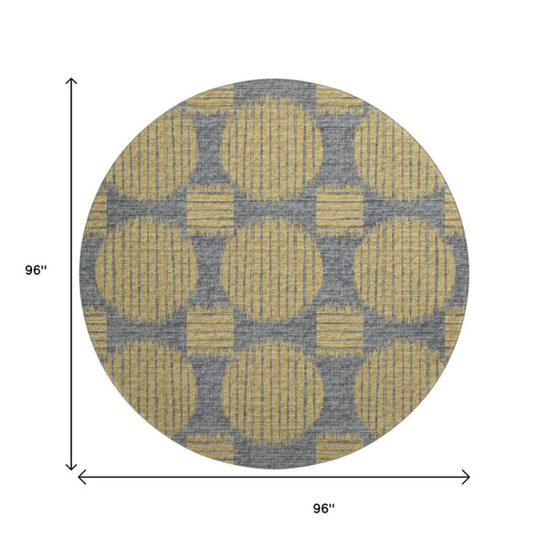 HomeRoots 8' Gold and Gray Geometric Round Rug - Washable, Stain-Resistant, UV Protected for Stylish Spaces 645046