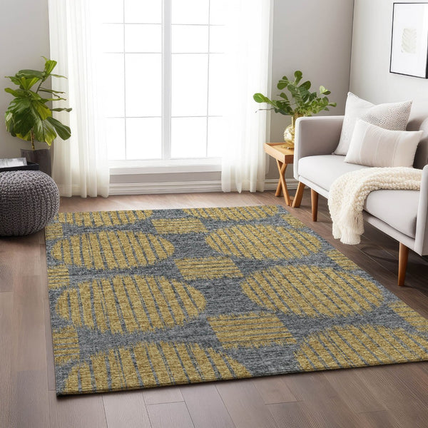 HomeRoots 8' X 10' Gold and Gray Geometric Area Rug - Machine Washable, Stain Resistant, UV Protected Elegance 645047