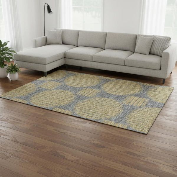 HomeRoots 8' X 10' Gold and Gray Geometric Area Rug - Machine Washable, Stain Resistant, UV Protected Elegance 645047