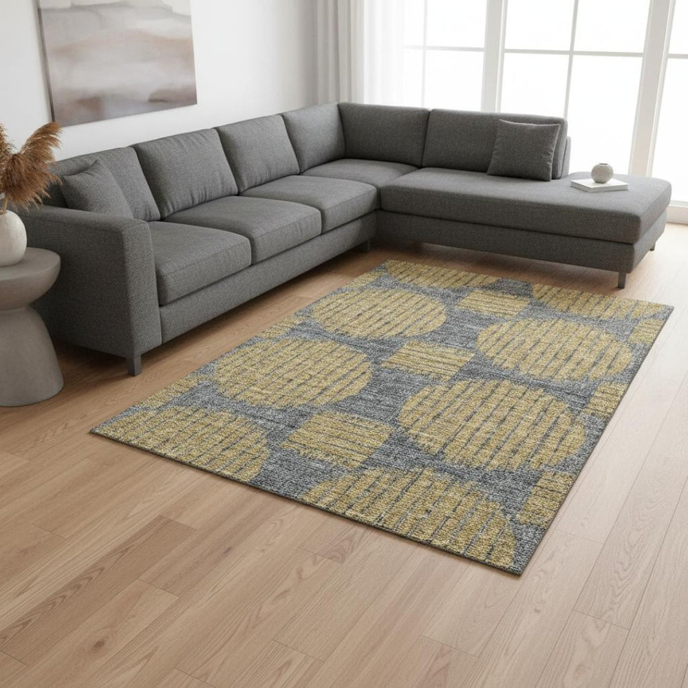 HomeRoots 9' Gold and Gray Geometric Area Rug - Washable, UV Protected, Durable, Perfect for High-Traffic Spaces 645048