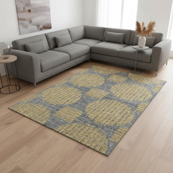 HomeRoots 10' Gold and Gray Geometric Area Rug - Washable, UV Protected, Stain Resistant - Perfect for Families! 645049